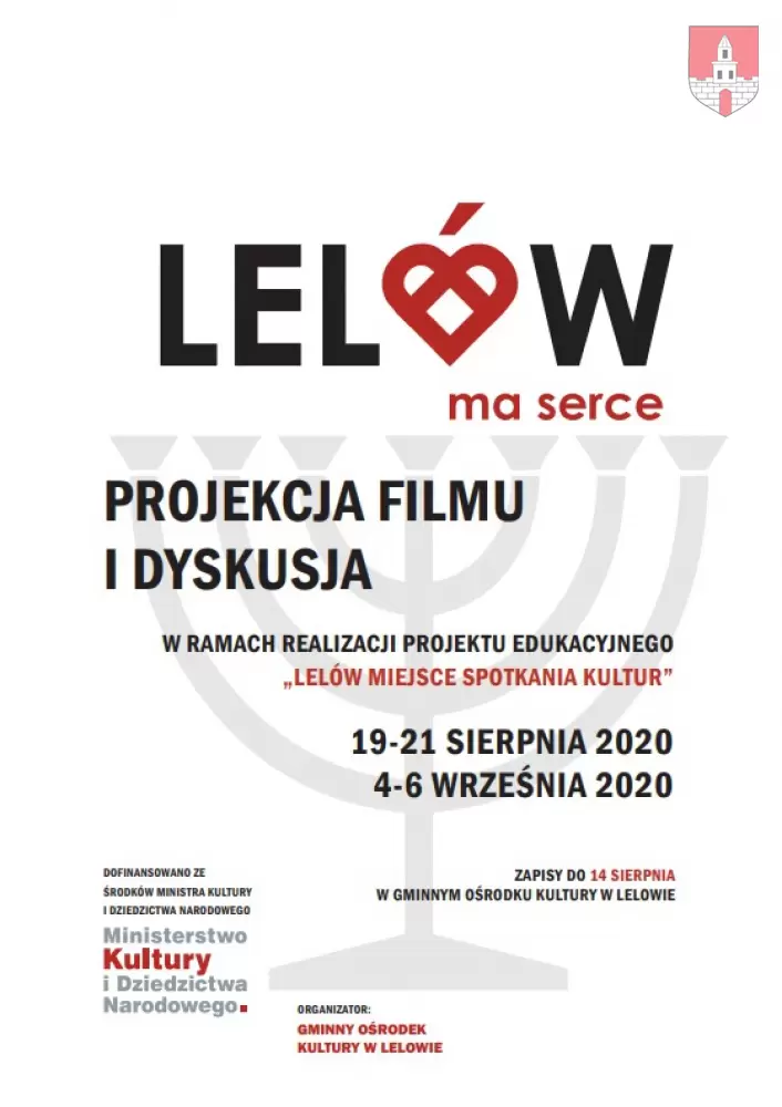 Plakat projekcja filmu i dyskusje w ramach realizacji projeku edukacyjnego "Lelów miejsce spotkań kultur"